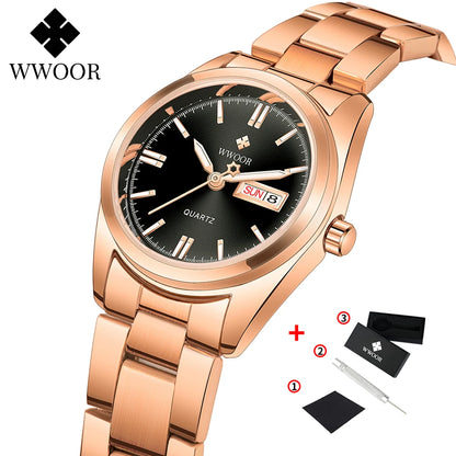 WWOOR New Watch Women Fashion Dress Quartz Watches Lady Stainless Steel Waterproof Wristwatch Simple Girl Clock Relogio Feminino