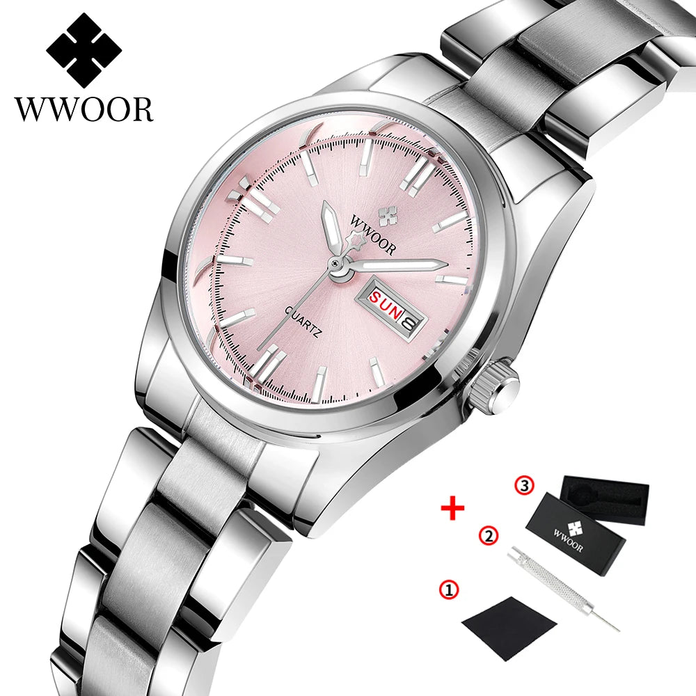 WWOOR New Watch Women Fashion Dress Quartz Watches Lady Stainless Steel Waterproof Wristwatch Simple Girl Clock Relogio Feminino