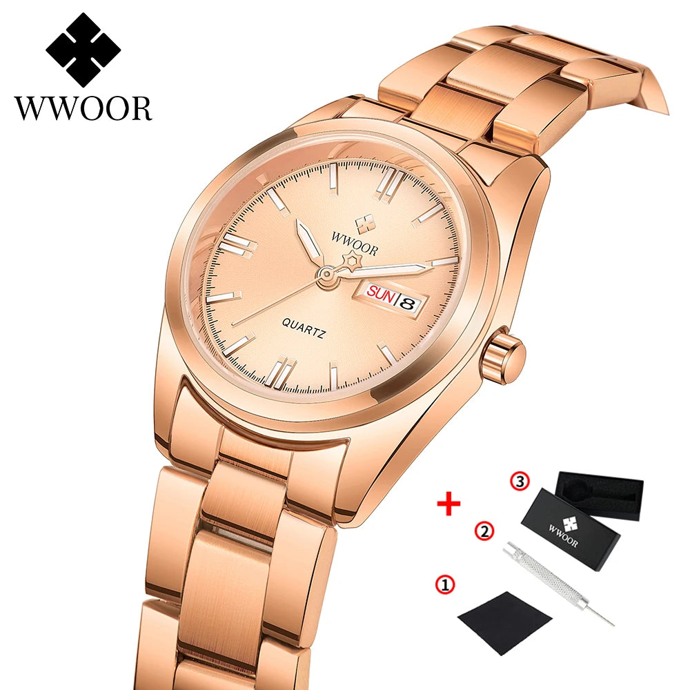 WWOOR New Watch Women Fashion Dress Quartz Watches Lady Stainless Steel Waterproof Wristwatch Simple Girl Clock Relogio Feminino
