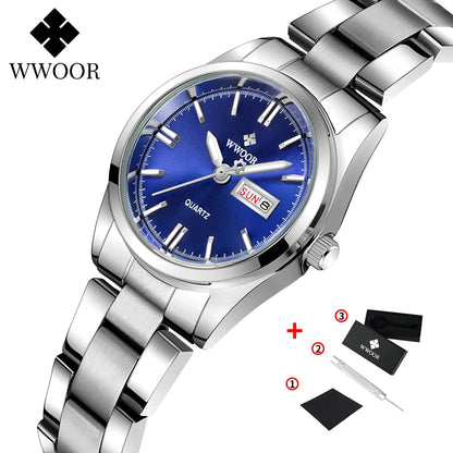 WWOOR New Watch Women Fashion Dress Quartz Watches Lady Stainless Steel Waterproof Wristwatch Simple Girl Clock Relogio Feminino