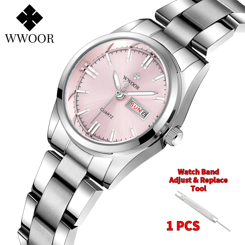 WWOOR New Watch Women Fashion Dress Quartz Watches Lady Stainless Steel Waterproof Wristwatch Simple Girl Clock Relogio Feminino