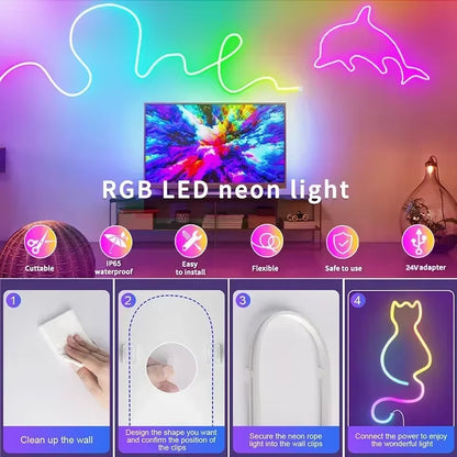 Dc 24V Rgb Neon Led Lights Strip 15M 30M 10 M 5 Meters Rgb Neon Rope Led Tape Outdoor Waterproof Bluetooth App Remote Control
