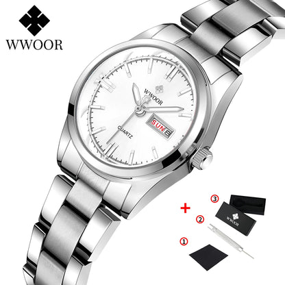 WWOOR New Watch Women Fashion Dress Quartz Watches Lady Stainless Steel Waterproof Wristwatch Simple Girl Clock Relogio Feminino