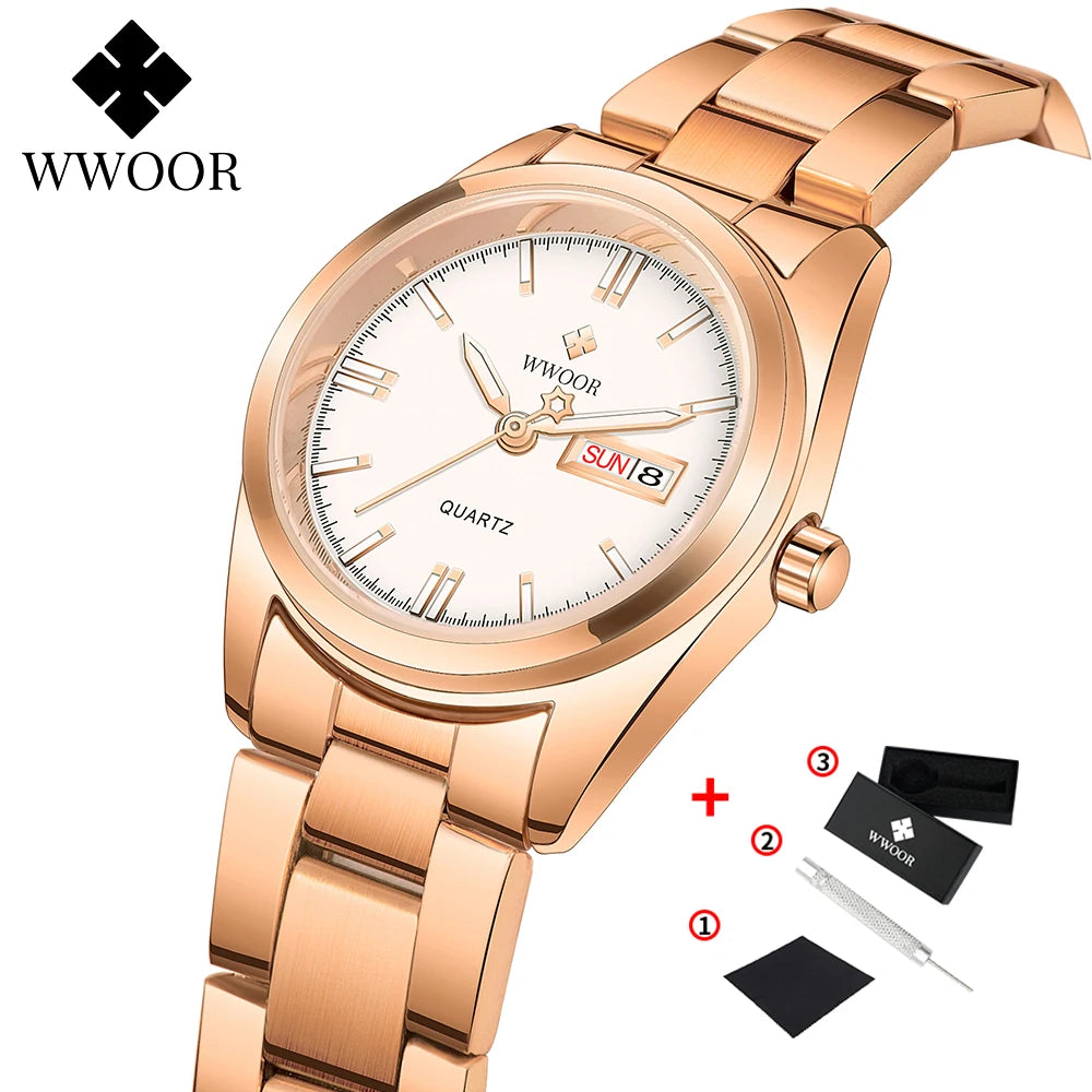 WWOOR New Watch Women Fashion Dress Quartz Watches Lady Stainless Steel Waterproof Wristwatch Simple Girl Clock Relogio Feminino