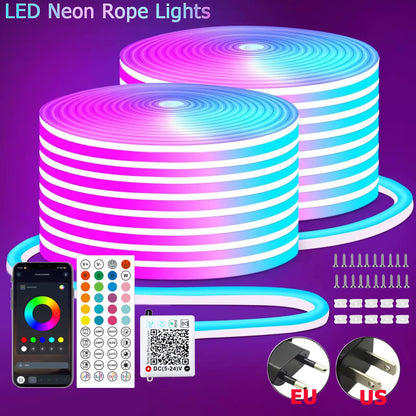 Dc 24V Rgb Neon Led Lights Strip 15M 30M 10 M 5 Meters Rgb Neon Rope Led Tape Outdoor Waterproof Bluetooth App Remote Control